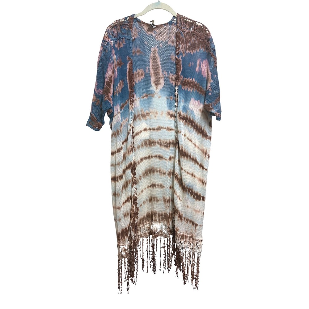 XCVI Cardigan Kimono Blue Brown Tie Dye Crochet Fringe‎ Boho Mesh M Medium